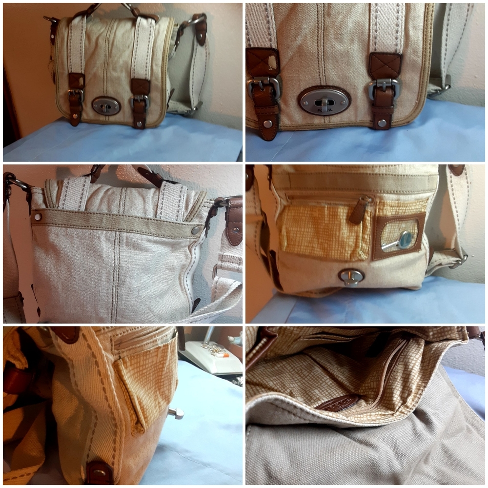 Fossil please see damage on front of purse piece of leather missing by strap.